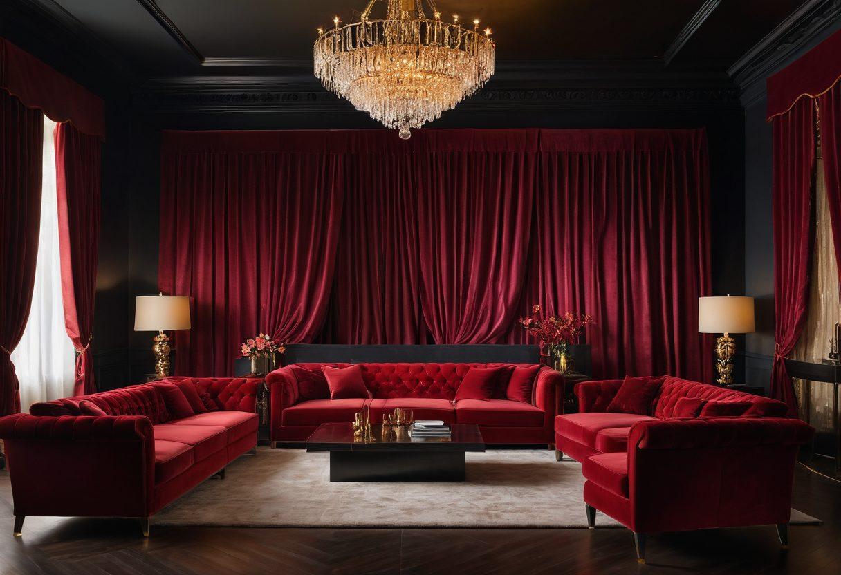 An opulent, dimly-lit lounge with plush velvet seating, golden chandeliers, and sultry red drapes. Silhouettes of chic, well-dressed adults mingling, exuding sophistication and allure. A subtle neon sign in the background reads 'Exclusive Nightclub'. Vector art. Vibrant colors.