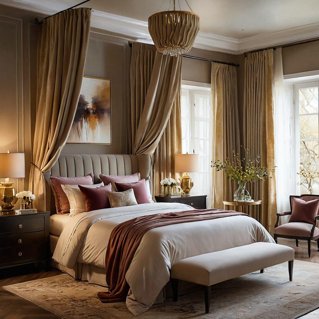 A captivating blend of exotic and luxurious elements: softly lit, elegant bedroom scene with velvet drapes, a plush bed, and rich textures; ethereal light illuminating beautiful figures in artful poses. Emphasize sensuality and sophistication. Painting style. Warm, muted colors. Dreamy atmosphere.